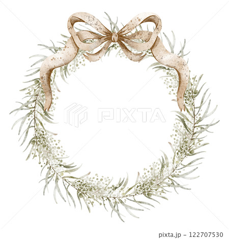 Watercolor Illustration botanical wreath with a vintage bow. Hand painted forest chaplet with twigs and leaves isolated on white background. Holiday frame for invitations, greeting cards. Watercolor Illustration botanical wreath with a vintage bow. Hand painted forest chaplet with twigs and leaves isolated on white background. Holiday frame for invitations, greeting cards. 122707530