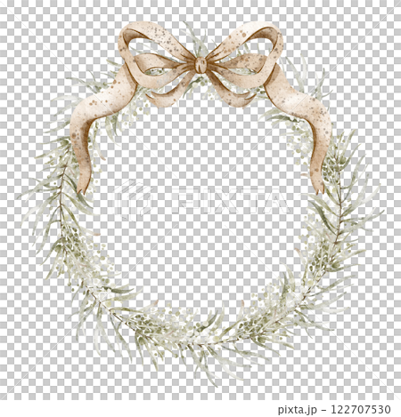 Watercolor Illustration botanical wreath with a vintage bow. Hand painted forest chaplet with twigs and leaves isolated on white background. Holiday frame for invitations, greeting cards. Watercolor Illustration botanical wreath with a vintage bow. Hand painted forest chaplet with twigs and leaves isolated on white background. Holiday frame for invitations, greeting cards. 122707530