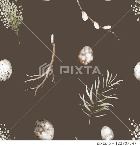 Quail eggs Seamless Pattern with willow branches. Watercolor illustration of forest background for holiday wrapping paper or textile design. Drawing of floral ornament with delicate branches. Quail eggs Seamless Pattern with willow branches. Watercolor illustration of forest background for holiday wrapping paper or textile design. Drawing of floral ornament with delicate branches. 122707547