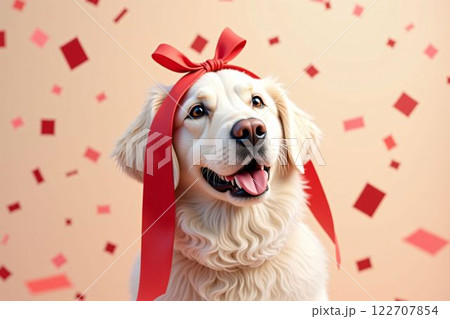 赤いリボンをつけた可愛いゴールデンレトリーバーとハートの紙吹雪 – バレンタインデーとホワイトデーの 赤いリボンをつけた可愛いゴールデンレトリーバーとハートの紙吹雪 – バレンタインデーとホワイトデーの 122707854