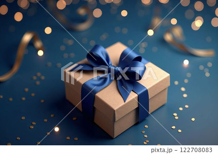 クリスマスやホワイトデーを彩る青いリボンのエレガントなギフトボックス 122708083