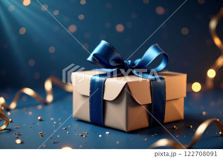 クリスマスやホワイトデーを彩る青いリボンのエレガントなギフトボックス 122708091