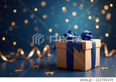 フェスティブな祝祭シーンに映える、青いサテンリボンの高級ギフトボックス 122708144