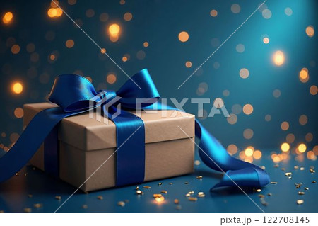フェスティブな祝祭シーンに映える、青いサテンリボンの高級ギフトボックス 122708145