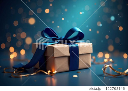 フェスティブな祝祭シーンに映える、青いサテンリボンの高級ギフトボックス 122708146