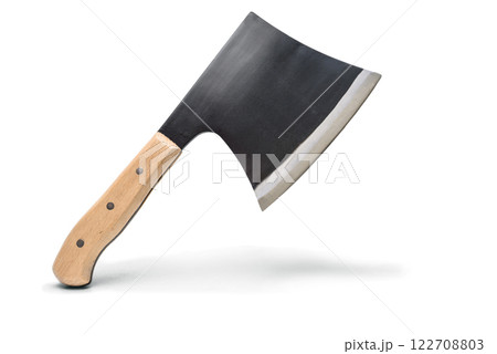 Large cleaver knife with wooden handle isolated on white background. 122708803