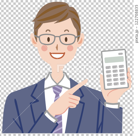 Illustration of a businessman holding a calculator 122708835