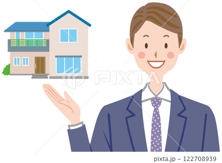 不動産を紹介するスーツの男性のイラスト　営業　一戸建て　家 122708939