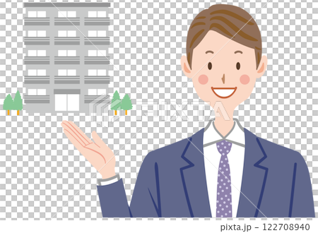 Illustration of a man in a suit showing an apartment building Real estate house sales 122708940