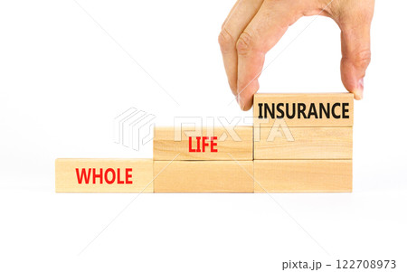Whole life insurance symbol. Concept words Whole life insurance on beautiful wooden blocks. Beautiful white table white background. Businessman hand. Business whole life insurance concept. Copy space. Whole life insurance symbol. Concept words Whole life insurance on beautiful wooden blocks. Beautiful white table white background. Businessman hand. Business whole life insurance concept. Copy space. 122708973
