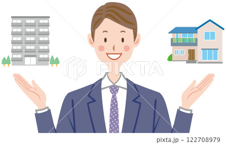 一戸建て マンション 選択 不動産 ビジネスマンのイラスト 一戸建て マンション 選択 不動産 ビジネスマンのイラスト 122708979