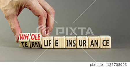 Term or whole life insurance symbol. Concept words Term life insurance or Whole life insurance on wooden blocks. Beautiful grey background. Business term or whole life insurance concept. Copy space. 122708998