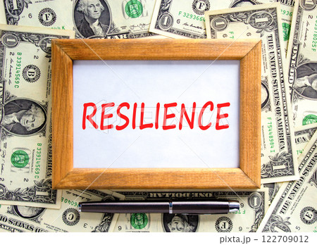 Resilience symbol. Concept word Resilience on beautiful wooden picture frame. Beautiful dollar bills background. Dollar bills. Black pen. Business resilience concept. Copy space. 122709012
