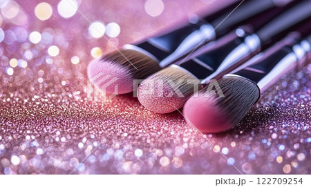 Makeup brushes arranged on a shimmering glitter background for beauty and cosmetics themes 122709254