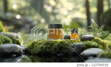 Bottle of perfume placed on a moss covered rock in a natural outdoor setting 122709358