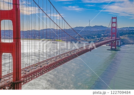 Golden Gate Bridge with blue sky and scenic ocean view from a high vantage point 122709484