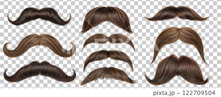 There are three distinctive types of mustaches displayed on a on a transparent background 122709504