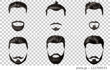 Collection of mens hairstyles and beards on a transparent background 122709555