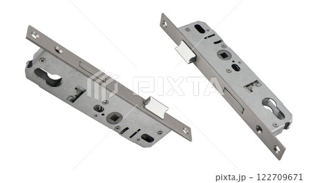 Galvanized mortise door lock with striker on white background. Door furniture. Door mortise lock. Metal door lock isolated Galvanized mortise door lock with striker on white background. Door furniture. Door mortise lock. Metal door lock isolated 122709671