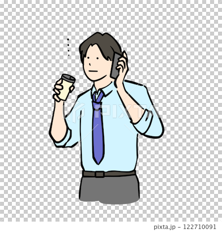 Illustration of a man in a suit holding a drink cup while making a phone call with an unsatisfied expression Illustration of a man in a suit holding a drink cup while making a phone call with an unsatisfied expression 122710091