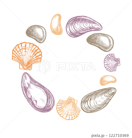 A round composition of shells and pebbles. Hand-drawn vector illustration. A color image of marine objects in a frame. Separate from the background. Perfect for packaging, labels and more. A round composition of shells and pebbles. Hand-drawn vector illustration. A color image of marine objects in a frame. Separate from the background. Perfect for packaging, labels and more. 122710369