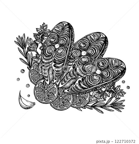 Sliced fish with vegetables. A vector graphic illustration made by hand. Black and white image of a fish dish. On a white background. For menus, recipe books, packages, labels, invitations and banners Sliced fish with vegetables. A vector graphic illustration made by hand. Black and white image of a fish dish. On a white background. For menus, recipe books, packages, labels, invitations and banners 122710372