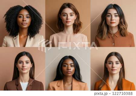 Portraits composite collage of diverse women of various ages and ethnicities against neutral pastel background 122710388