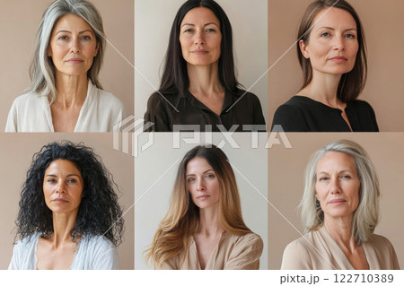 Portraits composite collage of diverse women of various ages and ethnicities against neutral pastel background 122710389