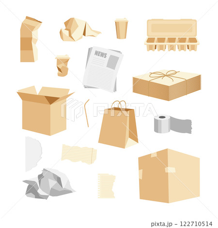 Cartoon Color Different Paper Trash Set Recycle Garbage Concept Flat Design Style. Vector illustration of Cardboard Box, Coffee Cup and Newspaper Cartoon Color Different Paper Trash Set Recycle Garbage Concept Flat Design Style. Vector illustration of Cardboard Box, Coffee Cup and Newspaper 122710514