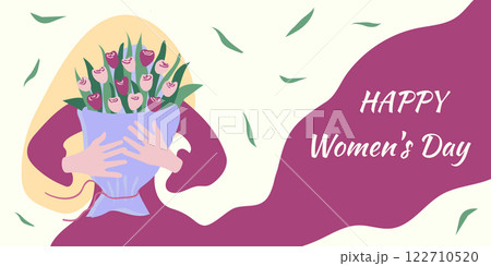 A girl hugs a bouquet of tulip flowers vector banner. The concept of greeting cards, invitations for Mother Day and Women Day. A bouquet of fresh tulips in her hands. 122710520