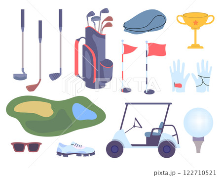 Cartoon Color Different Golf Equipment Set Sport Concept Flat Design Style. Vector illustration of Player Bag, Putter, Ball, Hole, Course, Gloves, Cup and Car 122710521