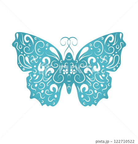 Decorative butterfly with hand-drawn vector patterns. A design element for greeting cards, prints, a tattoo template, a bright butterfly for the decor of spring holidays. 122710522