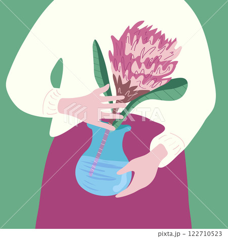 Female hands hold a vase with a flower in close-up, vector illustration. Bouquet preparation, in a flower shop, an exotic flower. Female hands hold a vase with a flower in close-up, vector illustration. Bouquet preparation, in a flower shop, an exotic flower. 122710523
