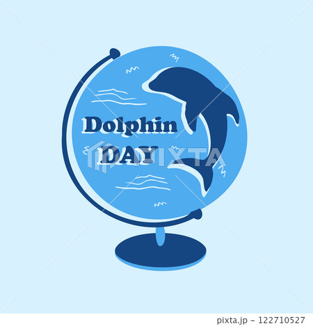 A template for Dolphin Awareness month. Vector illustration of a globe and silhouette of a blue dolphin, marine mammal rescue concept. A place for the text, a flat icon. A template for Dolphin Awareness month. Vector illustration of a globe and silhouette of a blue dolphin, marine mammal rescue concept. A place for the text, a flat icon. 122710527