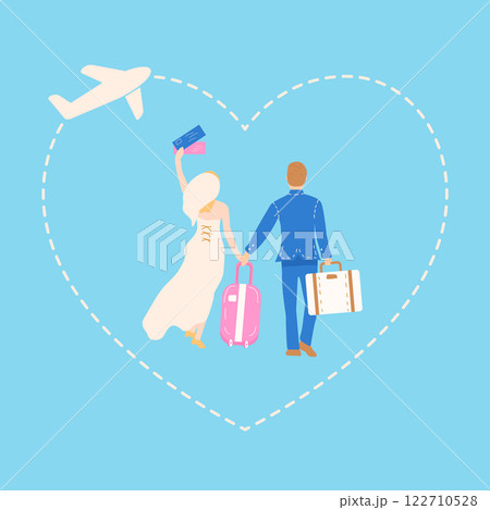 The newlyweds go on their honeymoon by plane with their luggage. Vector illustration for the design of holiday cards and wedding invitations. The newlyweds go on their honeymoon by plane with their luggage. Vector illustration for the design of holiday cards and wedding invitations. 122710528