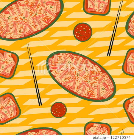 Korean kimchi vector seamless pattern. Traditional spicy asian side dish, sauce, chopsticks on bright yellow background. Modern textured illustration of fermented napa cabbage and seasonings on plate Korean kimchi vector seamless pattern. Traditional spicy asian side dish, sauce, chopsticks on bright yellow background. Modern textured illustration of fermented napa cabbage and seasonings on plate 122710574