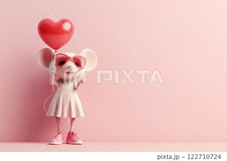 The playful grey mouse, dressed in a dress and sneakers, joyfully holds a heart-shaped balloon, bringing cheer to a kids story character The playful grey mouse, dressed in a dress and sneakers, joyfully holds a heart-shaped balloon, bringing cheer to a kids story character 122710724