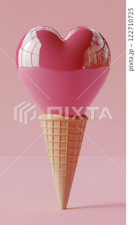 Heart-shaped ice cream cone on a light pink plain background, a charming and playful image ideal for promoting Valentine Day treats with a whimsical and romantic touch 122710725