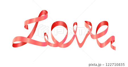 Word Love made from ribbon. Pink silk curly ribbon forms the inscription Love. Vector illustration for wedding invitation, romantic greeting card, valentine, certificate, banner. 122710835
