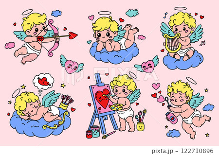 Vector set of colorful Cupid illustrations in a cute style. Perfect for Valentine's Day designs 122710896
