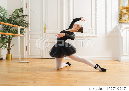 Young ballerina in tutu skirt dancing practicing ballet positions in dance class. Young classical dancer woman in dance studio. Ballet class training. Performer girl rehearsing dance in ballet school Young ballerina in tutu skirt dancing practicing ballet positions in dance class. Young classical dancer woman in dance studio. Ballet class training. Performer girl rehearsing dance in ballet school 122710947