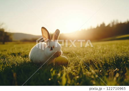 Cute white bunny resting on a green field 122710965