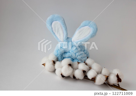 White cotton flowers and a blue headband with rabbit ears on a white background. The concept of Easter. a place for your text. 122711009