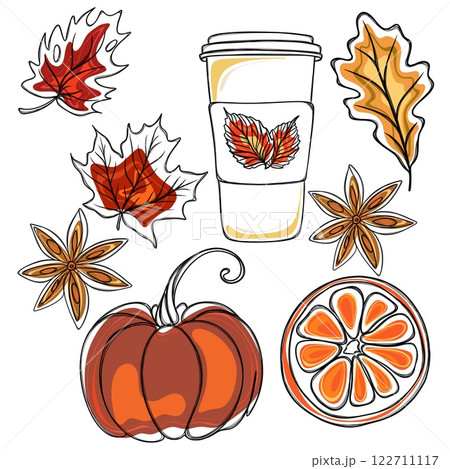 Large set of autumn stickers. Template for printing on t-shirts. Freehand sketch of autumn elements 122711117