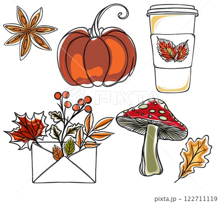 Large set of autumn stickers. Template for printing on t-shirts. Freehand sketch of autumn elements Large set of autumn stickers. Template for printing on t-shirts. Freehand sketch of autumn elements 122711119