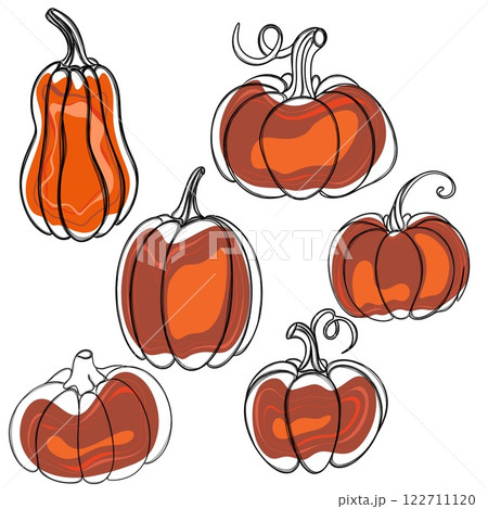 Line Art Free Hand Drawn Pumpkin Sticker. Autumn Pumpkin Stickers set 122711120