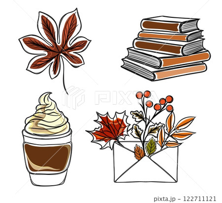 Freehand autumn sticker set - stack of books and coffee to go, envelope with autumn leaves Freehand autumn sticker set - stack of books and coffee to go, envelope with autumn leaves 122711121