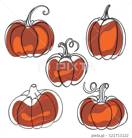 Line Art Free Hand Drawn Pumpkin Sticker. Autumn Pumpkin Stickers set 122711122