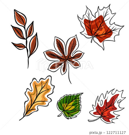 Large set of freehand sketch autumn leaves. Autumn sticker template - autumn leaves 122711127