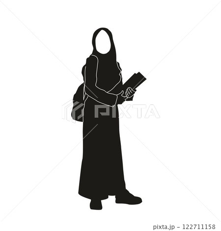 hijab dress woman silhouette pose carrying a book, black school woman vector icon hijab dress woman silhouette pose carrying a book, black school woman vector icon 122711158
